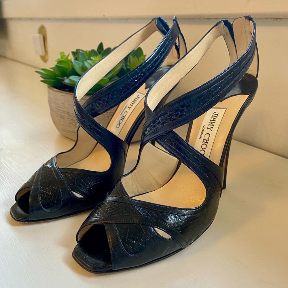 Jimmy Choo Black Watersnake & Kid Leather Disco Sandals Size 37.5